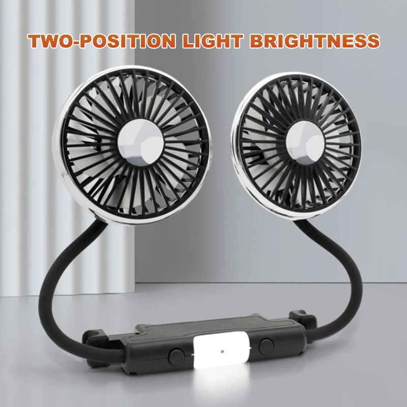 Car USB Fan Dual Head Cooling Air Fan Independent Switch 3-Speed 360 Degree Adjustable Auto Headrest Fan for Rear Seat