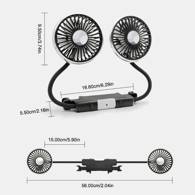 Car USB Fan Dual Head Cooling Air Fan Independent Switch 3-Speed 360 Degree Adjustable Auto Headrest Fan for Rear Seat