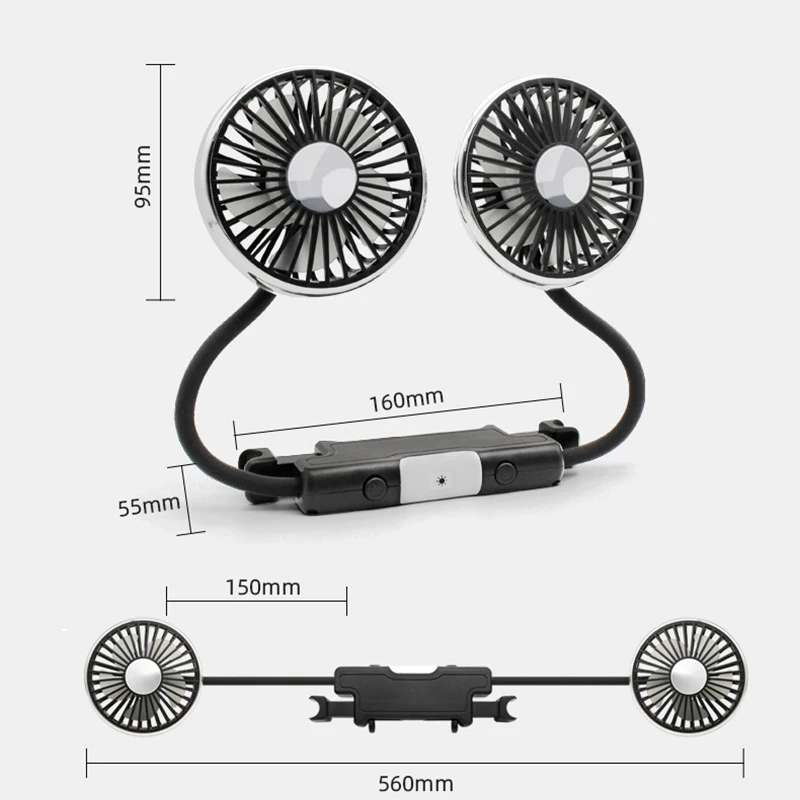 Car USB Fan Dual Head Cooling Air Fan Independent Switch 3-Speed 360 Degree Adjustable Auto Headrest Fan for Rear Seat